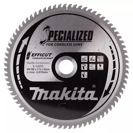 MAKITA Pyörösahanterä 260 x 30 x 2,15 mm, Z-75 komposiittilaudalle E-12273 / E-12201 - Makita Jiiri- ja pöytäsahojen terät - 088381572040 - 3