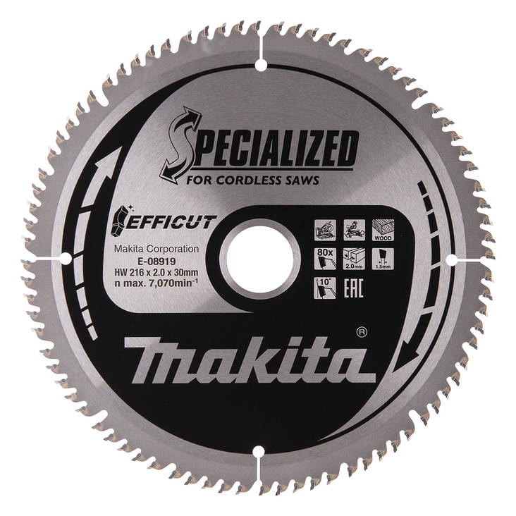 MAKITA Pyörösahanterä 216 x 30 x 2,0 mm, Z-80 puulle, Efficut, jiirisahoille E-08919 - Jiiri- ja pöytäsahojen terät - 088381577212 - 3