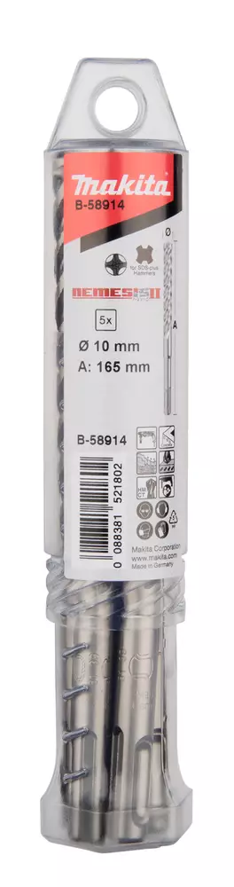 MAKITA Poranterä SDS-PLUS 10 x 165 mm, 4-leikkuinen Nemesis2 terä, 5 kpl B-58914 - Makita SDS-Plus poranterät 4-leikkuset - 088381521802 - 1