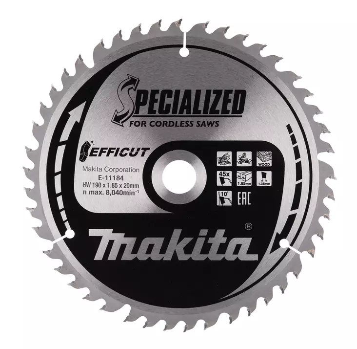 MAKITA Pyörösahanterä 190 x 20 x 1,85 mm, Z-45 puulle E-11184 - Makita Jiiri- ja pöytäsahojen terät - 088381581882 - 3