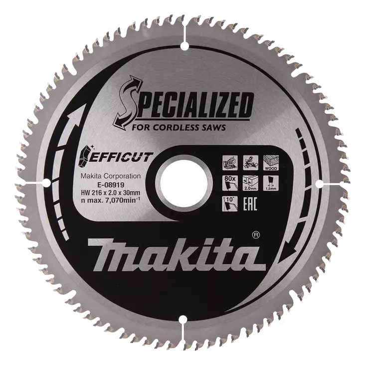 MAKITA Pyörösahanterä 216 x 30 x 2,0 mm, Z-80 puulle, Efficut, jiirisahoille E-08919 - Makita Jiiri- ja pöytäsahojen terät - 088381577212 - 3