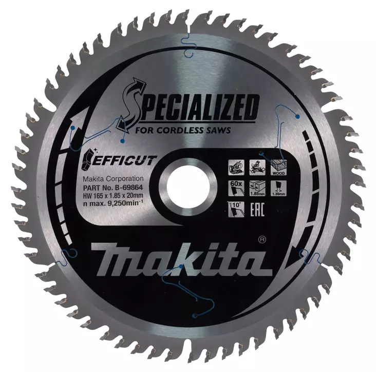 MAKITA Pyörösahanterä HM 165x20x1,85 mm, Z-60 Efficut puulle B-69864 / B-69858 - Makita Jiiri- ja pöytäsahojen terät - 088381549462 - 5