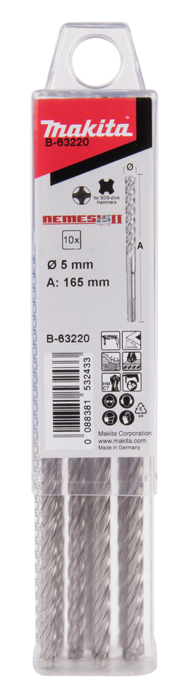 MAKITA Poranterä SDS-PLUS 5 x 165 mm, 4-leikkuinen Nemesis2 terä, 10 kpl B-63220 - SDS-Plus poranterät 4-leikkuset - 088381532433 - 1