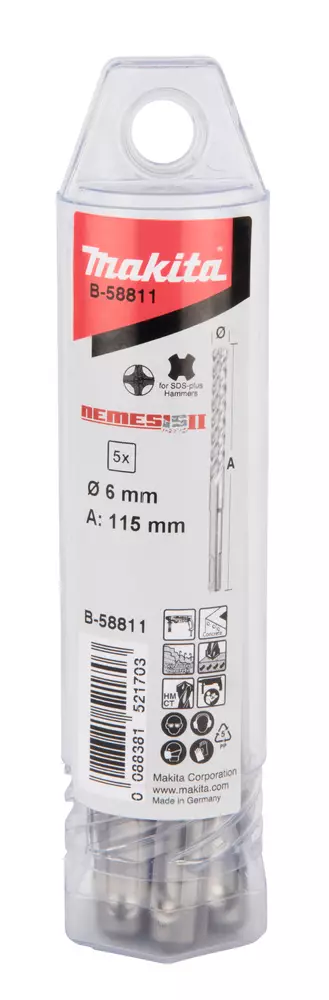 MAKITA Poranterä SDS-PLUS 6 x 115 mm, 4-leikkuinen Nemesis2 terä, 5 kpl B-58811 - Makita SDS-Plus poranterät 4-leikkuset - 088381521703 - 1