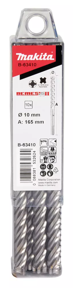 MAKITA Poranterä SDS-PLUS 10 x 165 mm, 4-leikkuinen Nemesis2 terä, 10 kpl B-63410 - Makita SDS-Plus poranterät 4-leikkuset - 088381532624 - 1