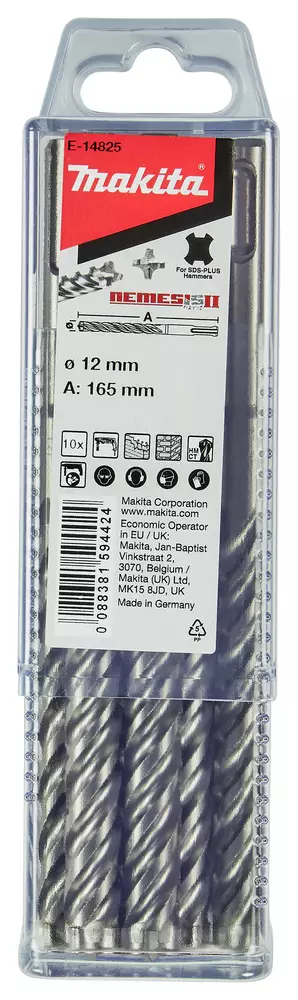 MAKITA Poranterä SDS-PLUS 12 x 165 mm, 4-leikkuinen Nemesis2 terä, 10 kpl E-14825 - SDS-Plus poranterät 4-leikkuset - 088381594424 - 1