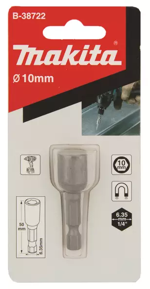 MAKITA Kuusiohylsy 10 x 50 mm - 1/4", magneetilla B-38722 - Makita Konekärjet ja bitsinpitimet - 088381433365 - 2