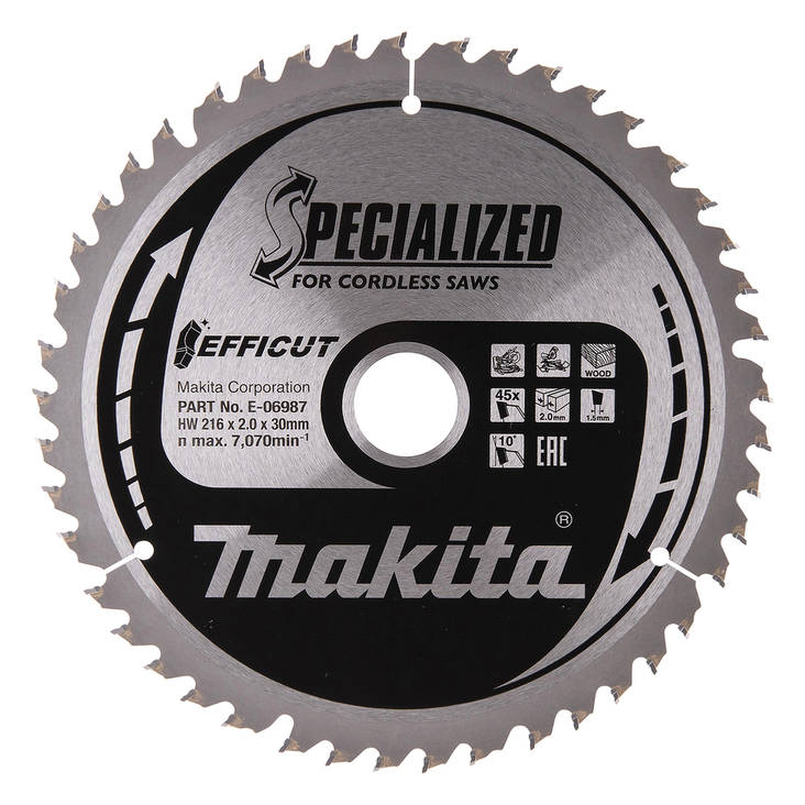 MAKITA Pyörösahanterä 216 x 30 x 2,0 mm, Z-45 puulle, Efficut E-06987 / E-06971 - Jiiri- ja pöytäsahojen terät - 088381570725 - 3