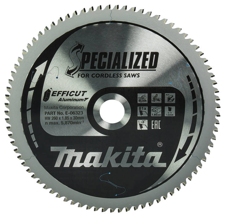 MAKITA Pyörösahanterä 260 x 30 x 1,85 mm, Z-81 alumiinille, Efficut, jiirisahoille E-06323 - Jiiri- ja pöytäsahojen terät - 088381568975 - 3