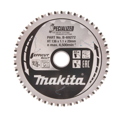 MAKITA Pyörösahanterä HM 136x20x1,1 mm, Z-45 ruostumattomalle, EFFICUT B-69319 - Käsipyörösahojen terät - 088381548175 - 1