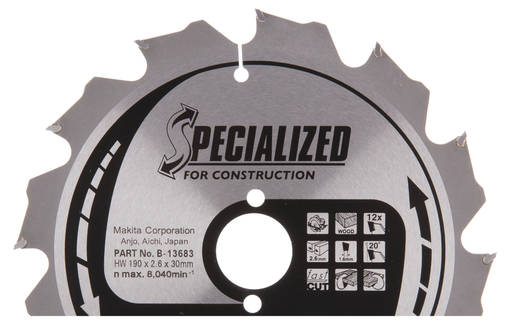 MAKITA Pyörösahanterä HM 190 mm, Z-12 B-33554 / B-13683 - Käsipyörösahojen terät - 088381359795 - 1