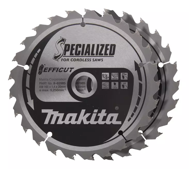 MAKITA Pyörösahanterä 165 x 20 x 1,4 mm , Z-25 puulle, EFFICUT B-62985-2 - Makita Käsipyörösahojen terät - 088381791915 - 1