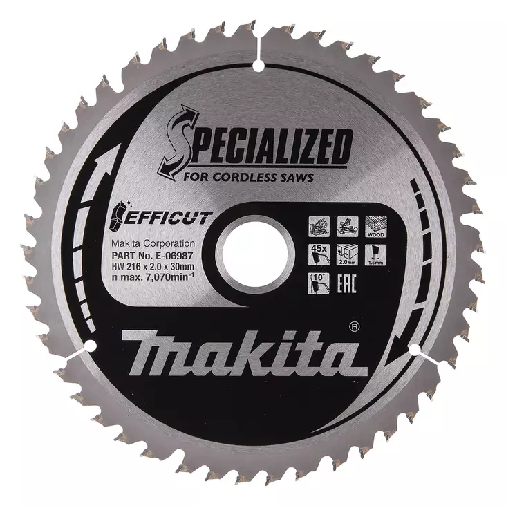 MAKITA Pyörösahanterä 216 x 30 x 2,0 mm, Z-45 puulle, Efficut E-06987 / E-06971 - Makita Jiiri- ja pöytäsahojen terät - 088381570725 - 3