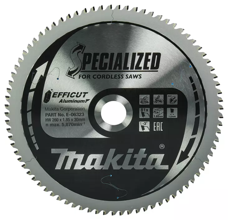 MAKITA Pyörösahanterä 260 x 30 x 1,85 mm, Z-81 alumiinille, Efficut, jiirisahoille E-06323 - Makita Jiiri- ja pöytäsahojen terät - 088381568975 - 3