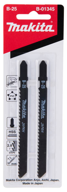 MAKITA Pistosahanterä 75 mm HSS, B25, kovapuu, paksut metallilevyt ja kovat muovit, 2 kpl B-01345 - Pistosahanterät - 088381117456 - 1