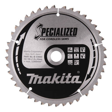 MAKITA Pyörösahanterä HM 190 mm, Z-40 B-33663 / B-20694 - Jiiri- ja pöytäsahojen terät - 088381397506 - 5