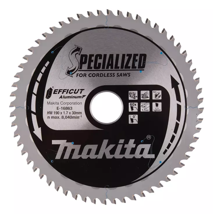 MAKITA Pyörösahanterä 190x30/20x1,7mm, Z-60 alumiinille EFFICUT E-16863 - Jiiri- ja pöytäsahojen terät - 088381791847 - 1