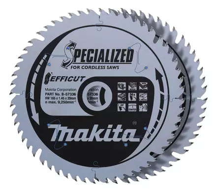 MAKITA Pyörösahanterä 165 x 20 x 1,45 mm, Z-56 puulle, EFFICUT B-57336-2 - Makita Käsipyörösahojen terät - 088381791908 - 1