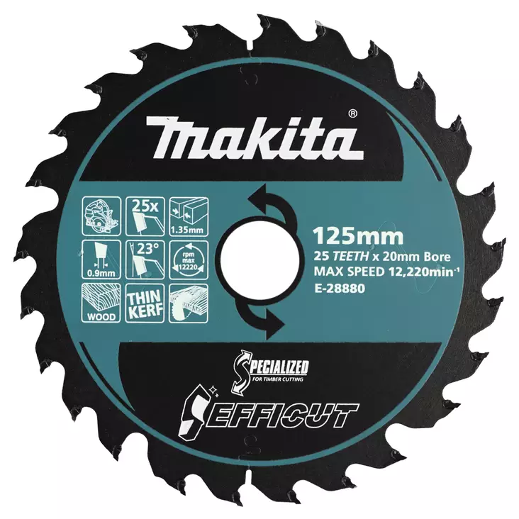 MAKITA Pyörösahanterä 125 x 20 x 1,35 mm Z-25 puulle EFFICUT E-28880 - Makita Käsipyörösahojen terät - 197050376558 - 1