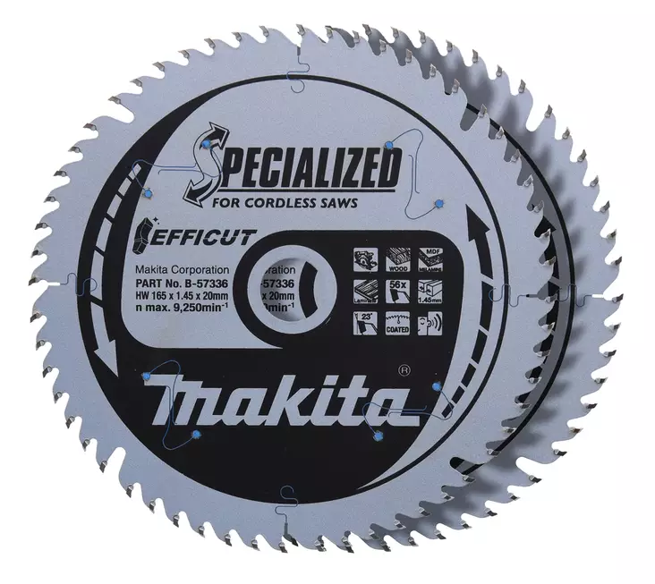 MAKITA Pyörösahanterä 165 x 20 x 1,45 mm, Z-56 puulle, EFFICUT B-57336-2 - Makita Käsipyörösahojen terät - 088381791908 - 1