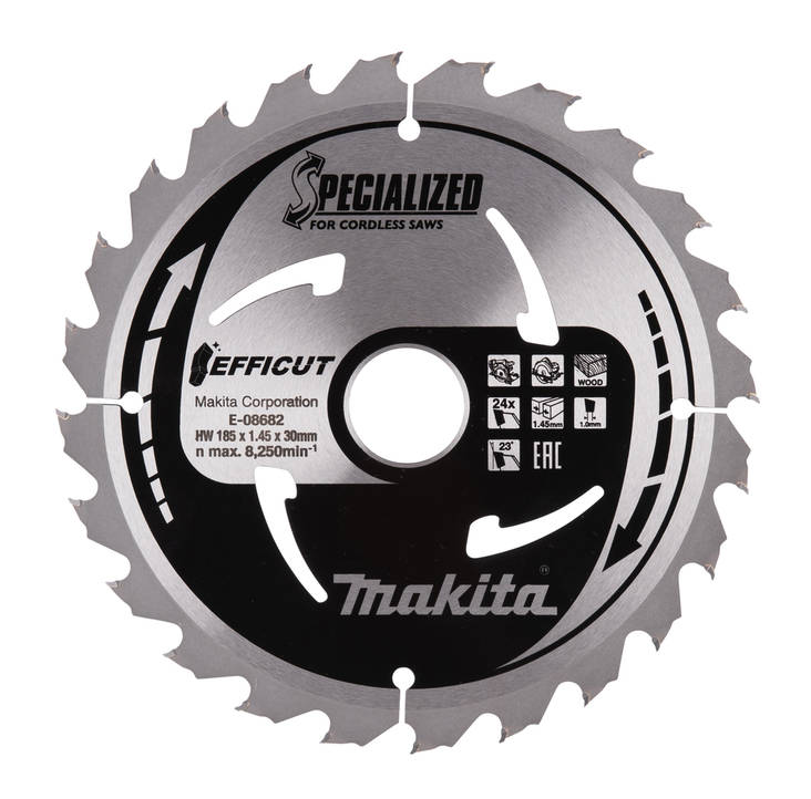 MAKITA Pyörösahanterä 185 x 30 x 1,45 mm, Z-24 puulle, Efficut E-08682 - Käsipyörösahojen terät - 088381579049 - 3