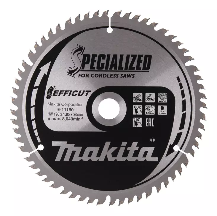 MAKITA Pyörösahanterä 190 x 20 x 1,85 mm, Z-60 puulle E-11190 - Makita Jiiri- ja pöytäsahojen terät - 088381581899 - 3